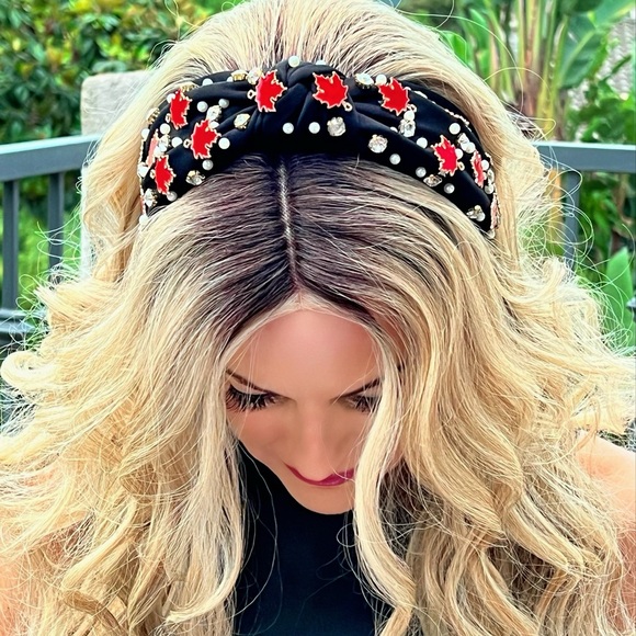 Black Red Enamel Maple Leaf White Pearl Rhinestone Canada Top Knot 1.5" Headband - Picture 3 of 4